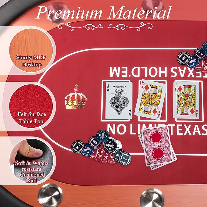 10 Players Oval Poker Table with Padded Rails, Folding Casino-Style Texas Wood Grain Game Poker Tables with Cup Holder, Red Felt Surface, Fully Assemble