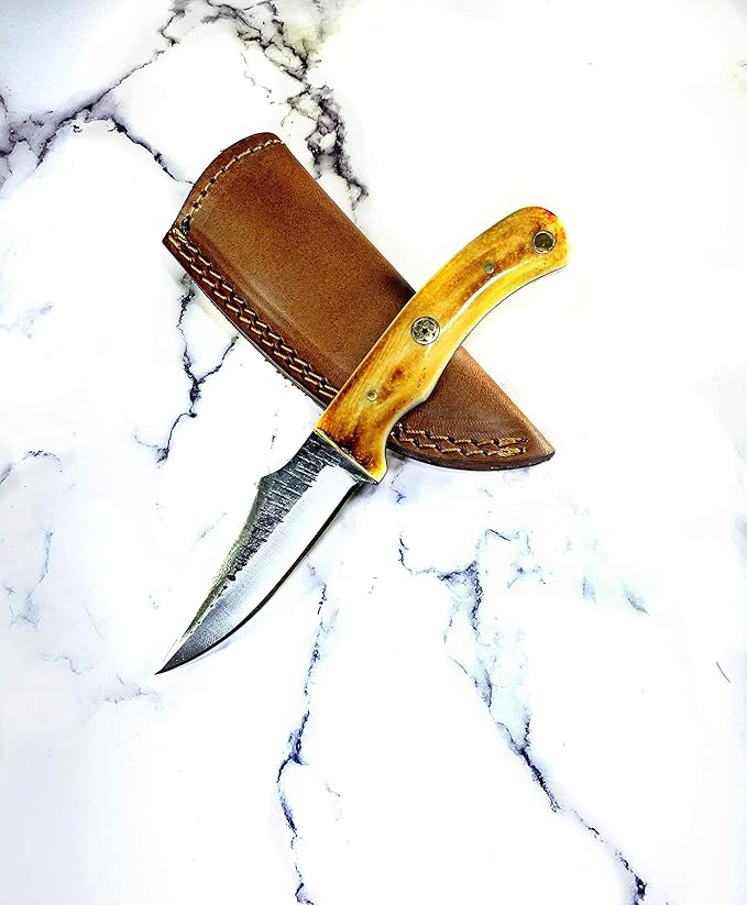 Titan International Knives Handmade Carbon 1080 Steel | Fixed Blade Color Coated Hand Pounded Hunting and Skinning Knife | Burnt Bone Handle Perfect for Hunting and Camping with Leather Sheath