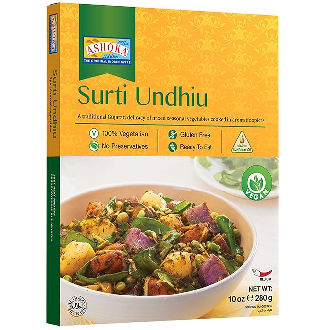 Ashoka Microwavable Meals 1932, Plant-Based Curry, Mixed Vegetables, All-Natural Entrees, Surti Undhiu, Kosher Certified, Traditional Indian Food, Gluten-Free & with No Preservatives, Pack of 10