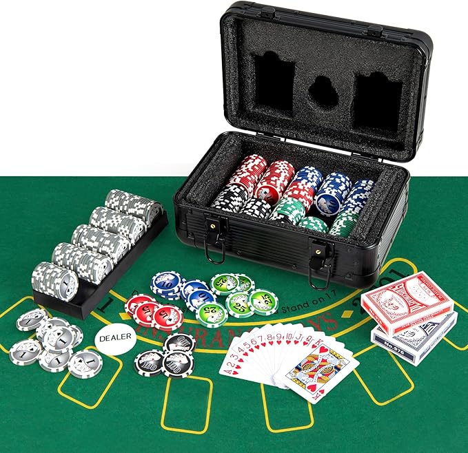 Goplus Poker Chip Set, 300 PCS Chips, 2 Decks Cards, Dealer Button, Poker Felt, Aluminum Case for Texas Holdem, Casino, Family Night, Blackjack