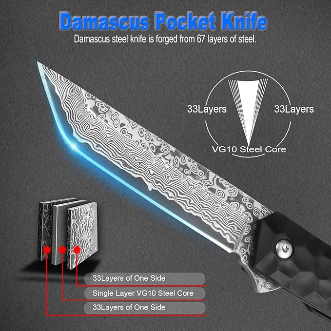 AUBEY Damascus Pocket Knife, Tanto VG10 Core Damascus Steel Folding Knives with Ball Bearing, Aluminum Alloy Non-Slip Handle and Glass Breaker, EDC Damascus Knife for Men Women (Black)