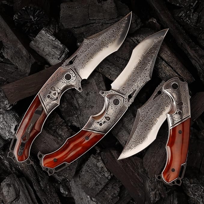 Damascus pocket knife clip leather sheath, VG10 core folding knife, portable EDC clip, outdoor survival camping bone handle