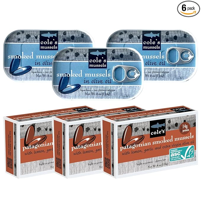 Cole?™s Patagonian Smoked Mussels Includes Lemon & Garlic AND Extra Virgin Olive Oil Flavors | 14g Protein | 4oz Hand-Packed Tinned Mussels | 6 pack