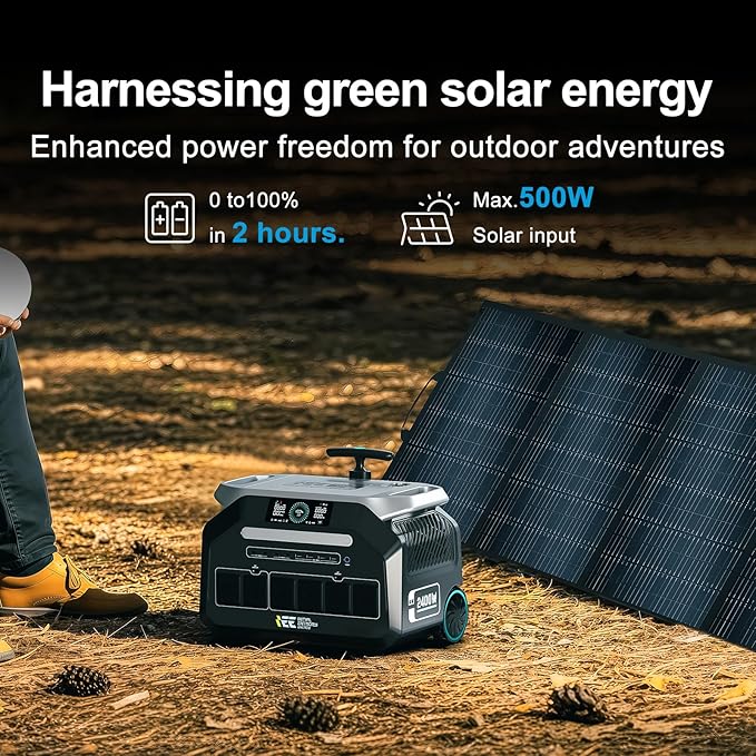 IEE P2400 Solar Powered Generator with 2x200W Solar Panel,2400W AC Outlet(Peak 5000W) 2048WH Lifepo4 Battery,1800W 1.2H Fast Charge Below 30DB 5-8MS EPS Switch Solar Power Station for Home Backup,RV.