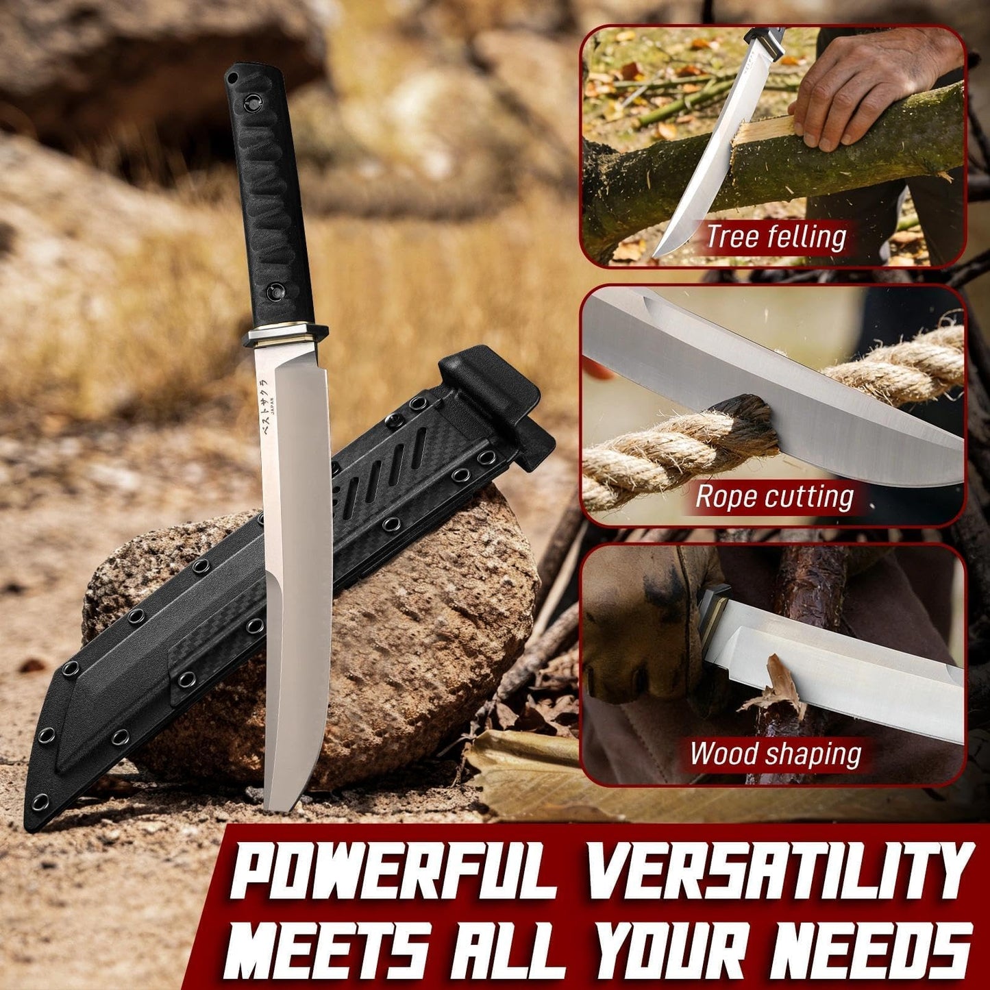 Freelander Japanese Fixed Blade Knife with Sheath, Heavy Duty Machete Knife