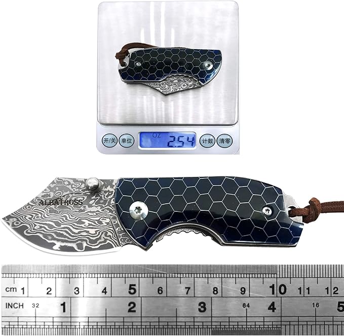 ALBATROSS Mini EDC Folding Pocket Knife - 1.75" Damascus Steel Blade, Blue Resin Handle with Aluminum Honeycomb Pattern, Tactical Camping Knife with Gift Box - HGDK022