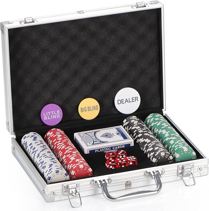 200Pcs Poker Chips Set for Texas Holdem,Blackjack, Tournaments with Aluminum Case,2 Decks of Cards, Dealer, Small Blind, Big Blind Buttons and 5 Dice,11.5 Gram
