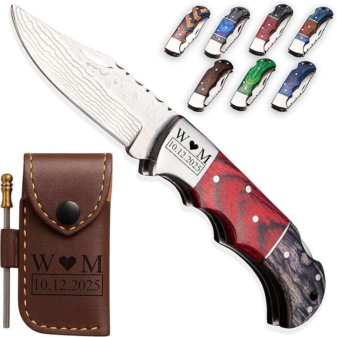 Personalized Folding Knife, Damascus Red Black Pocket Knife, Custom Gift for Men, Husband, Boyfriend, Brother, Uncle, Dad, Grandpa, Groomsman, Father’s Day, Birthday, Anniversary, Christmas Gift