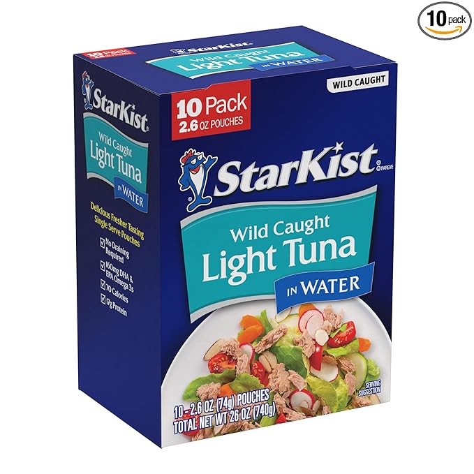 StarKist Chunk Light Tuna in Water, 2.6 oz Pouch (10 Pack) Ready to Eat Wild Caught Tuna, 17g Protein, 70 Calories Per Serving, Gluten Free, Soy Free, Kosher, Perfect for Salads, Keto Meals and Snacks