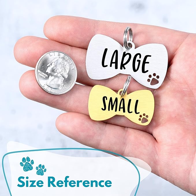 Ultra Joys Dog Tags Personalized for Pets - Hollow Paw Custom Pet ID Tag - Engraved Dog Tag for Small, Large Dogs - Large Bow Tie in Silver
