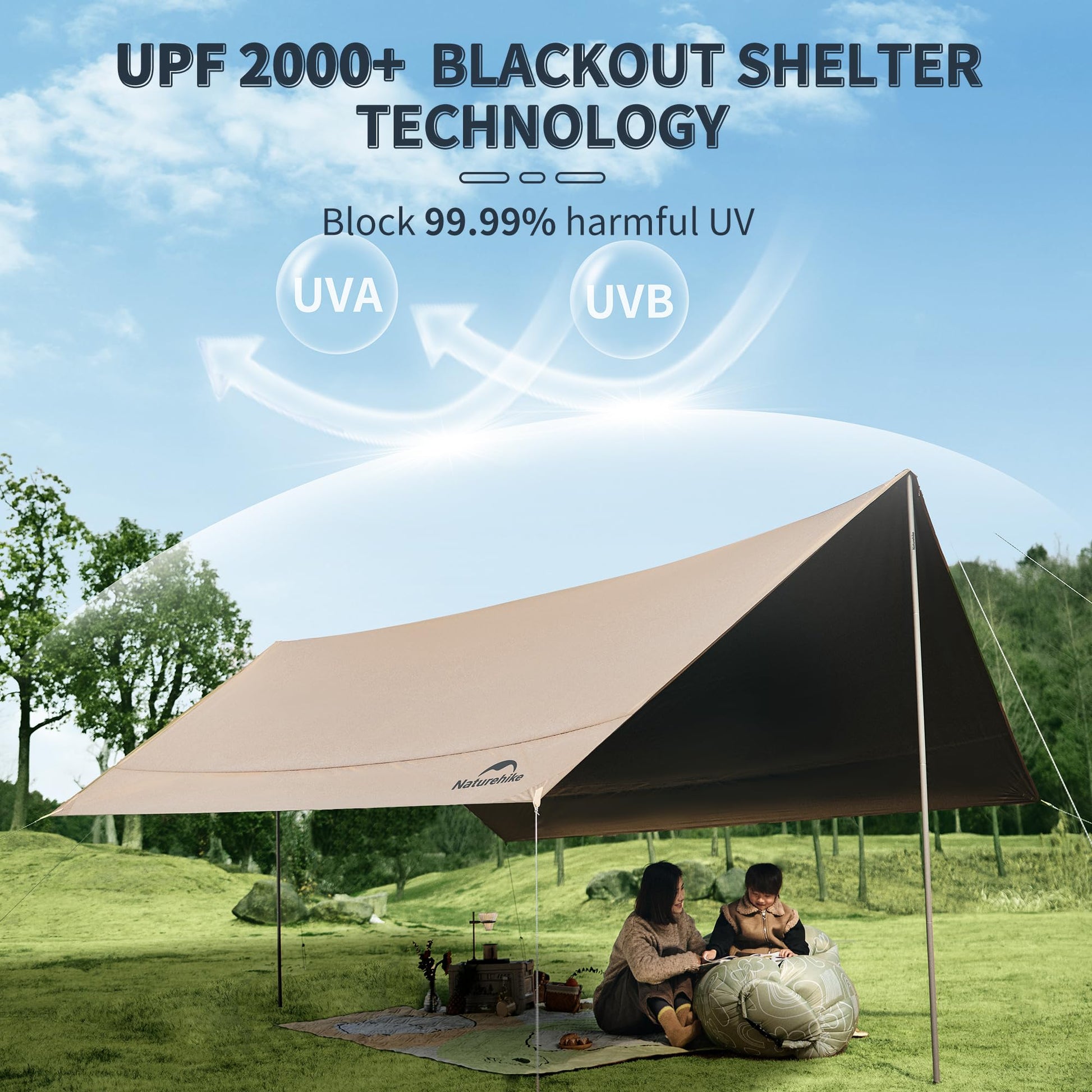 Naturehike Cloud Skies Camping Tent Tarp with Poles, Waterproof PU 18000mm+ Rain Shelter, Anti-UV