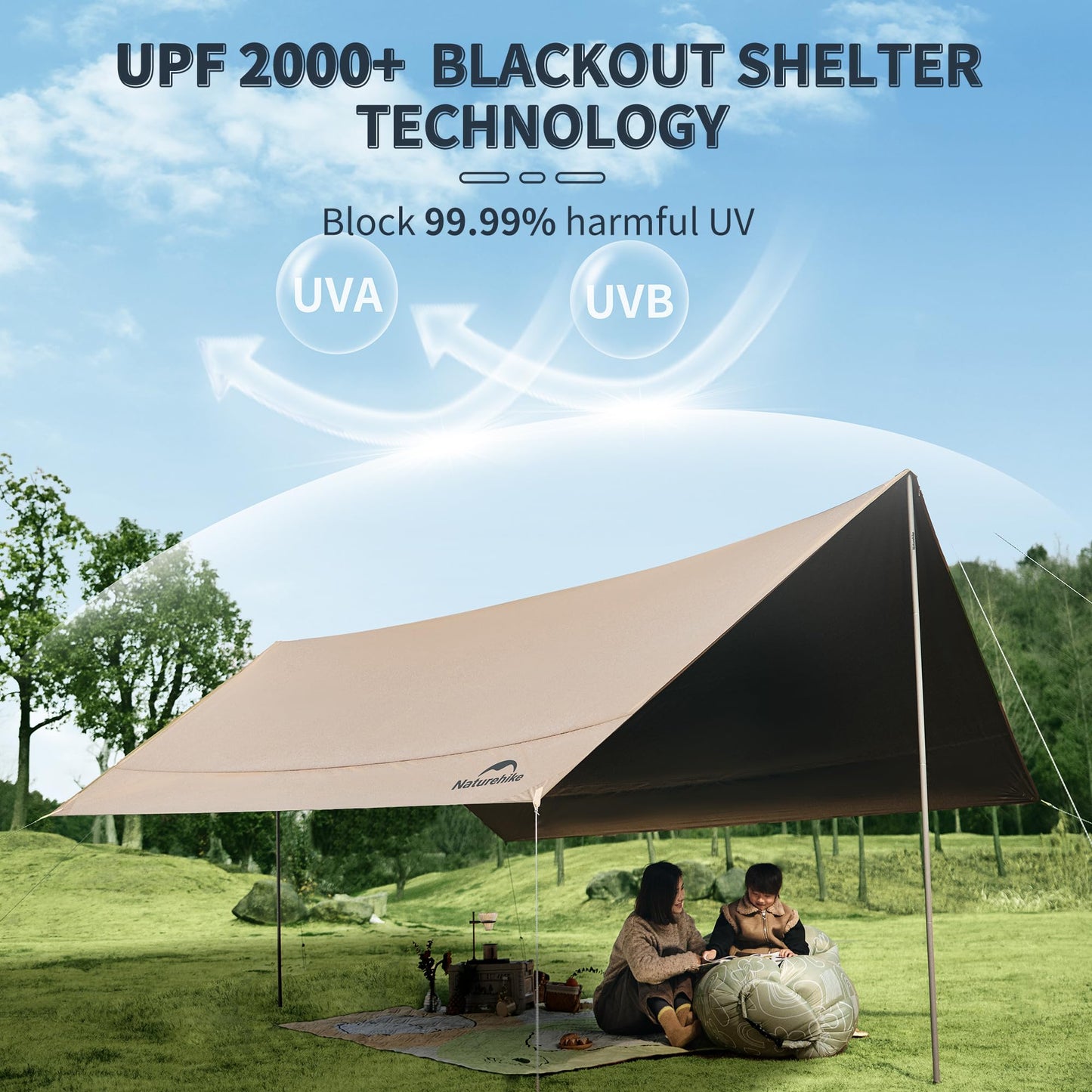 Naturehike Cloud Skies Camping Tent Tarp with Poles, Waterproof PU 18000mm+ Rain Shelter, Anti-UV