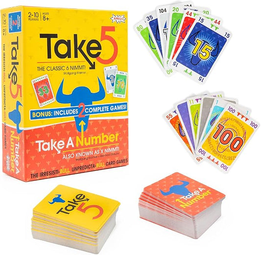 AMIGO Games Take 5 & Take a Number ??Two Complete Games in One ??Take 5 is The Classic 6 Nimmt! & Take a Number is Also Known as X Nimmt! ??Classic Card Games for Kids & Adults Ages 8 & Older