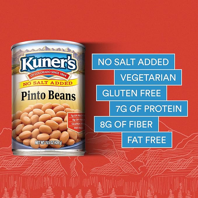 Kuner?™s No Salt Added Canned Pinto Beans, Plant Protein and Fiber, Gluten Free, Vegan, Fat Free, 12 Pack of 15.5 oz Cans