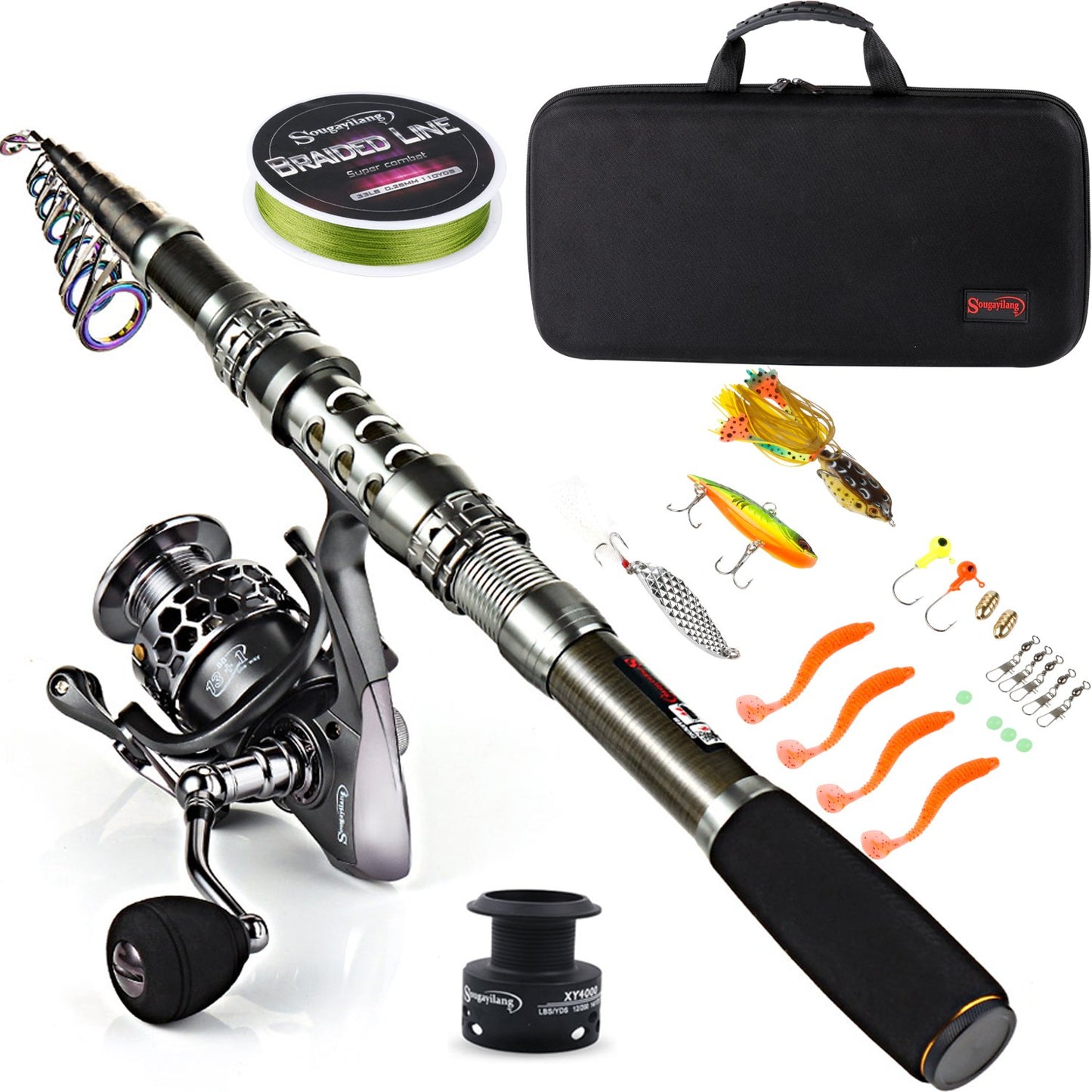 Sougayilang Fishing Rod Combos with Telescopic Fishing Pole Spinning Reels Fishing Carrier Bag for