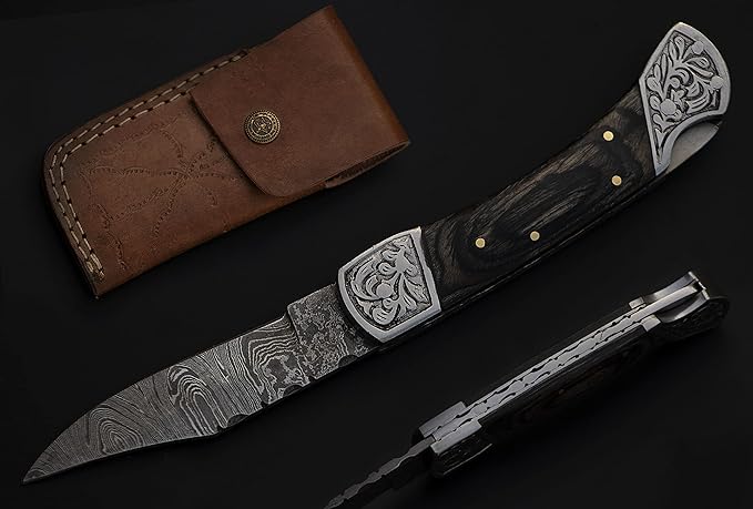 8.5" long Folding Knife, Wood Scale with Engraved steel bolster, custom made 4.25" Hand Forged Damascus steel blade Cow hide leather sheath with belt loop (Black)