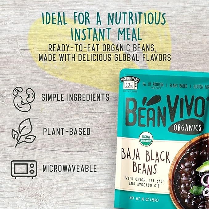 BeanVIVO (Pack of 12) Organics 14g Plant based Protein Baja Black Beans - Good Source of Fiber - Nutritious & Microwave Meals - Gluten-Free Plant Food - 10 oz