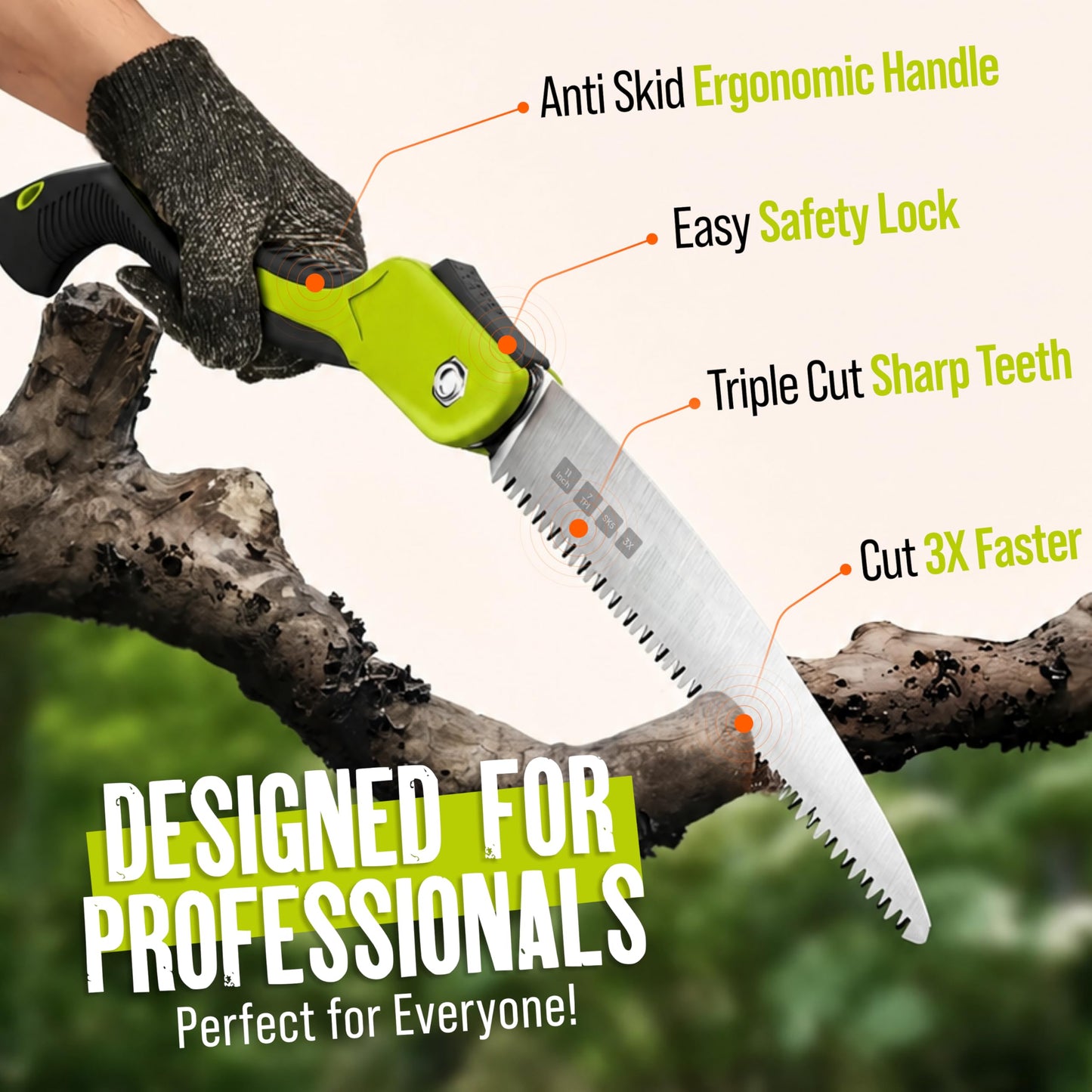Folding Camping saw 11 Inch - Heavy Duty Pruning Saw with Triple-Cut SK5 Blade, 7 TPI Razor Teeth