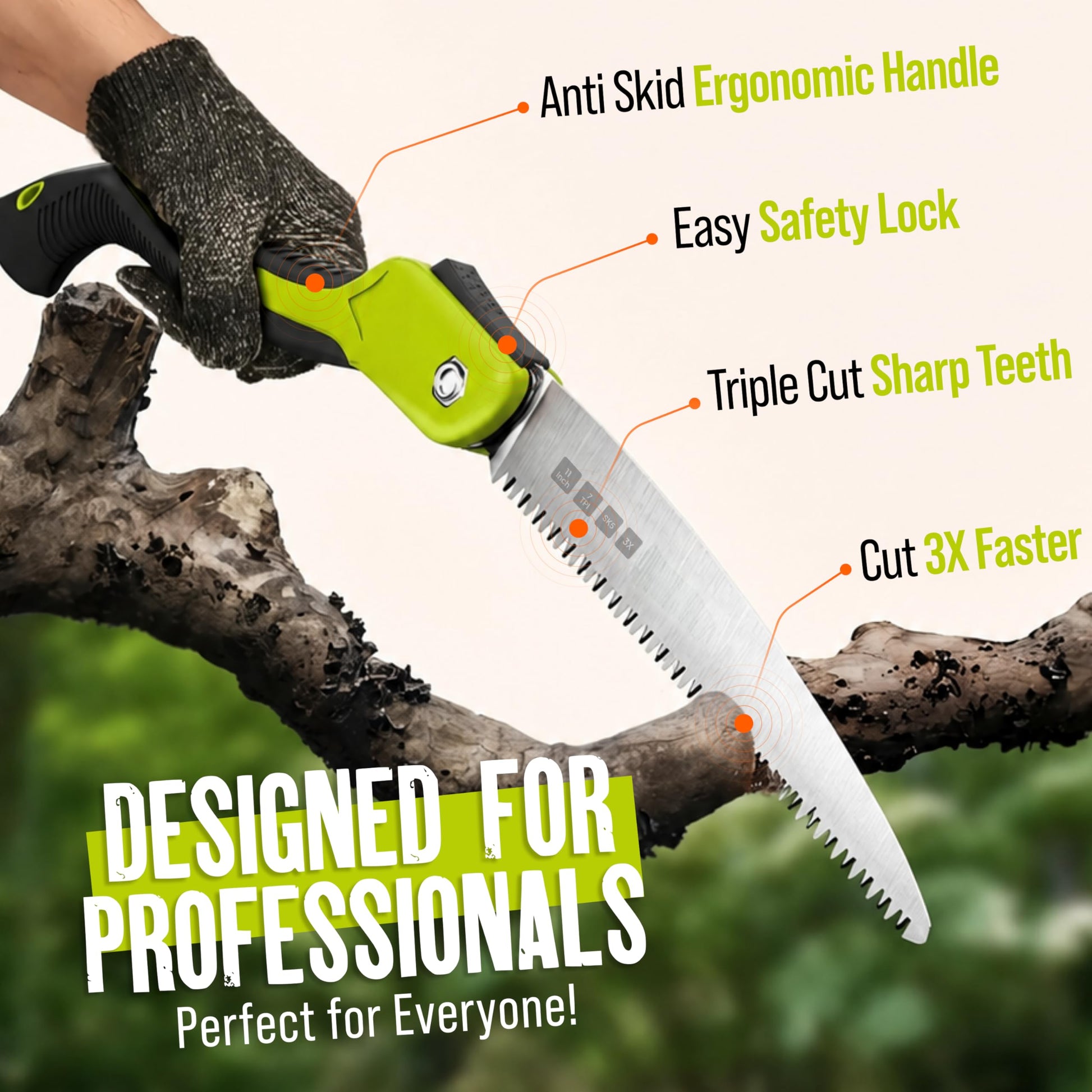 Folding Camping saw 11 Inch - Heavy Duty Pruning Saw with Triple-Cut SK5 Blade, 7 TPI Razor Teeth