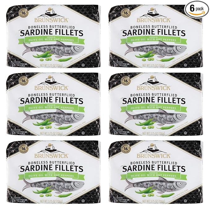 Brunswick Sardines in Olive Oil with Hot Peppers, 3.75 oz Can - Boneless Butterflied Sardine Fillets - Wild Caught - 16g Protein per Serving - Gluten Free, Keto Friendly (Pack of 6)