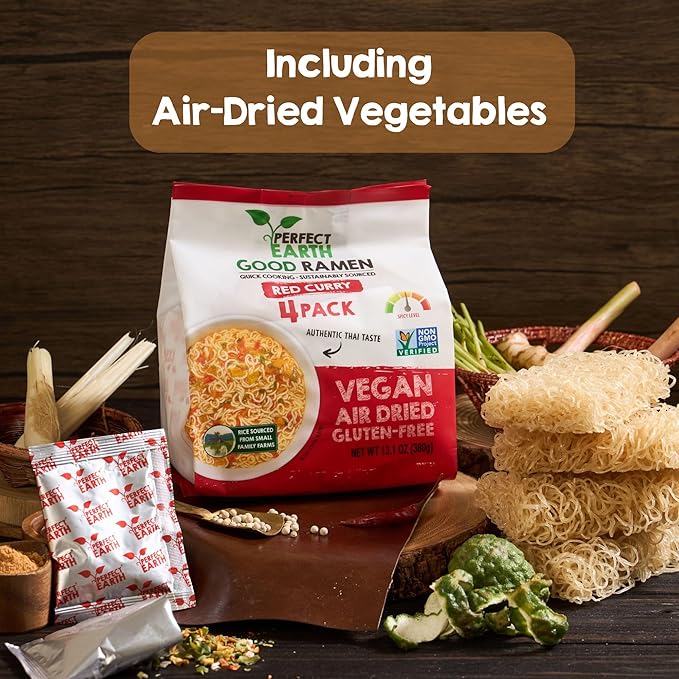 Perfect Earth Good Ramen Red Curry Noodles - Authentic Vibrant Thai Flavor, Medium Spice, Organic & Gluten-Free Instant Noodle Ramen Bowl, Pantry Staples Cooked in Just Minutes (4 Pack)