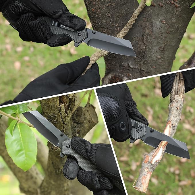 FLISSA Pocket Knife, 3.5" Folding Stonewash Blade Tactical Knife, Micarta Handle, for Outdoor, Survival, Hunting and Camping, Great Gifts for Dad