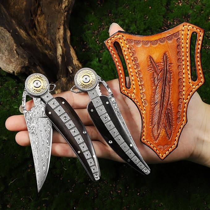 Handmade Damascus Steel Folding Pocket Knife，Feather shape 3.4in Blade Men's Pocket Knife，With knife sheath，Ebony Handle，Home & Outdoor EDC knife