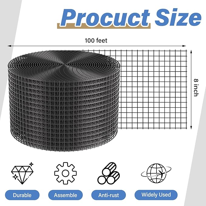 Solar Panel Bird Guard,8in x 100ft Critter Guard Galvanized PVC Coated Mesh Roll Kit,Black Pigeon Solar Panel Mesh with 70 Fastener Clips, ½ inch Wire Critter Guard for Solar Panels