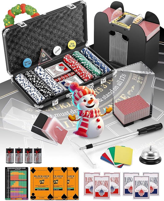 Blackjack Set Casino Set Blackjack Game Combo Set: Card Shuffler, 300pcs Poker Chips, Casino Felt, Card Shoe, Chip Rake, Discard Tray, Playing Cards*8, Bell, Dice, Cut Cards, Casino Buttons