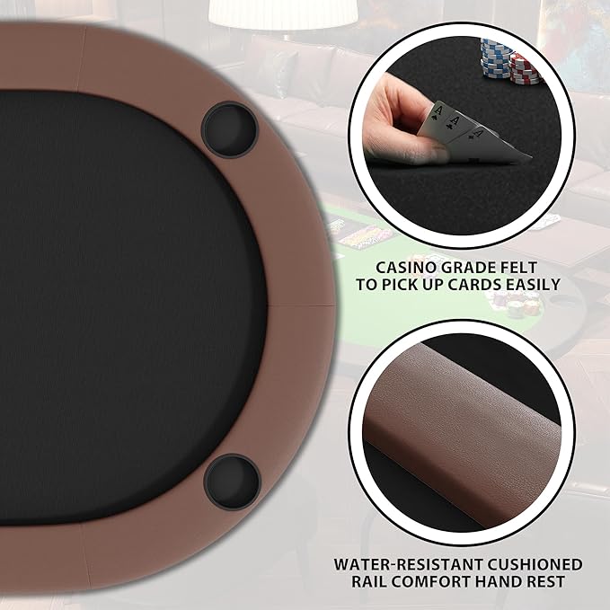 8 Player Foldable Poker Table, 71" Portable Folding Poker Game Tables with Collapsible Legs, Cup Holders, Casino Grade Felt Surface, Oval Card Game Poker Table for Game Room, Brown