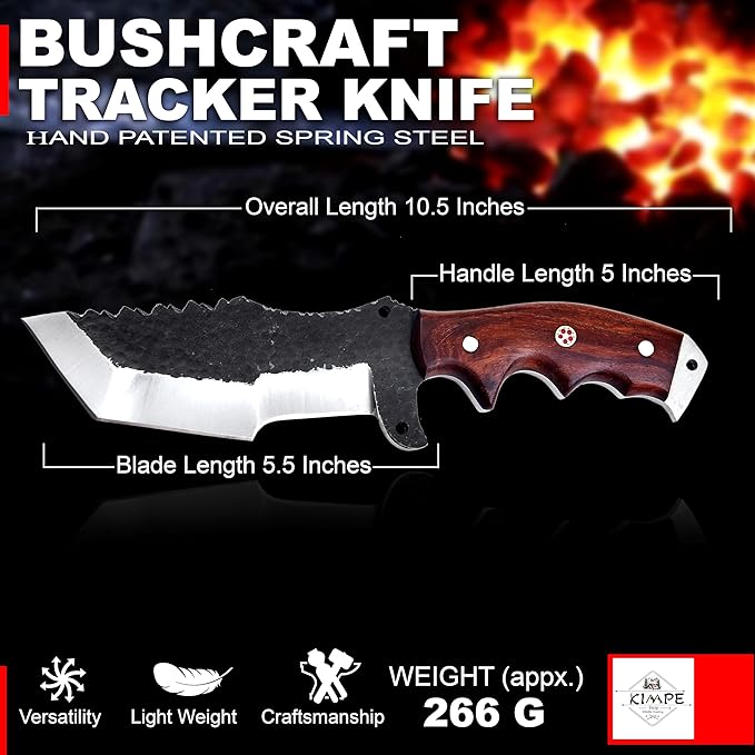 KIMPE 10.5?™â€?Hand-Forged Spring Steel Hunting Knife with Leather Sheath-Fixed Blade EDC Knife-Bushcraft Knives-Rose Wood Handle-Best Camping & Survival Knives-Knives for Men. (Spring Steel & Rose Wood)