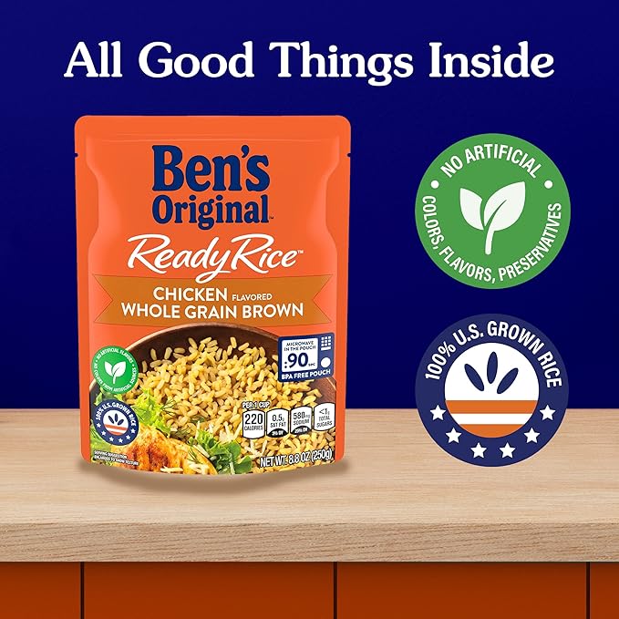 BEN'S ORIGINAL Ready Rice Chicken Flavored Whole Grain Brown Rice, Easy Flavored Rice Dinner Side, 8.8 oz Pouch (Pack of 12)