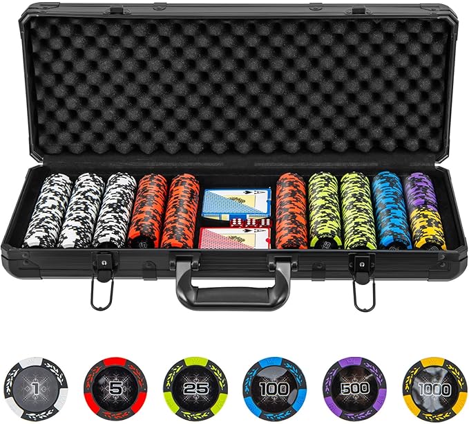 Goplus Poker Chip Set, 300 PCS/500 PCS 14 Gram Clay Poker Chips w/ Aluminum Case, Card Decks, Dealer Buttons, Dices, for Texas Holdem, Blackjack, Casino Gambling (500 PCS Chips Set)
