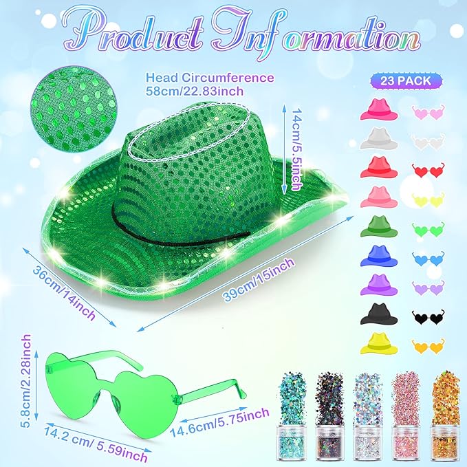Coume 23 Pcs Cowboy Light up Hat Bulk Flashing Holographic Cowgirl Hats with Heart Sunglasses for Women Costume Accessories(Elegant Color, Delicate Style)