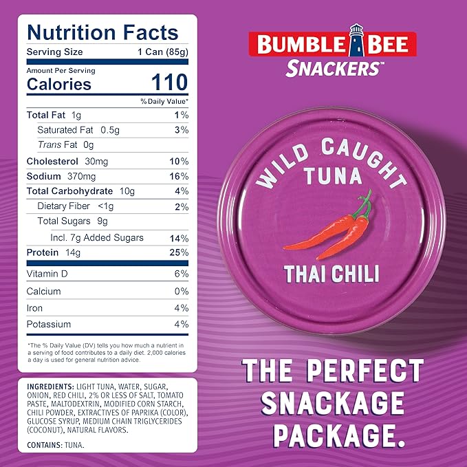 Bumble Bee Snackers - Thai Chili Tuna, 3 oz Easy Open Can - 14g Protein per Serving - Wild Caught Skipjack Chunk Light Tuna Pack - No Draining, Ready to Eat (Pack of 16)