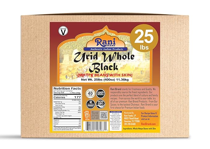 Rani Urid/Urad Whole Black (Matpe Beans with Skin) Indian Lentils 400oz (25lbs) 11.36kg Bulk Box ~ All Natural | Gluten Friendly | Non-GMO | Kosher | Vegan | Indian Origin