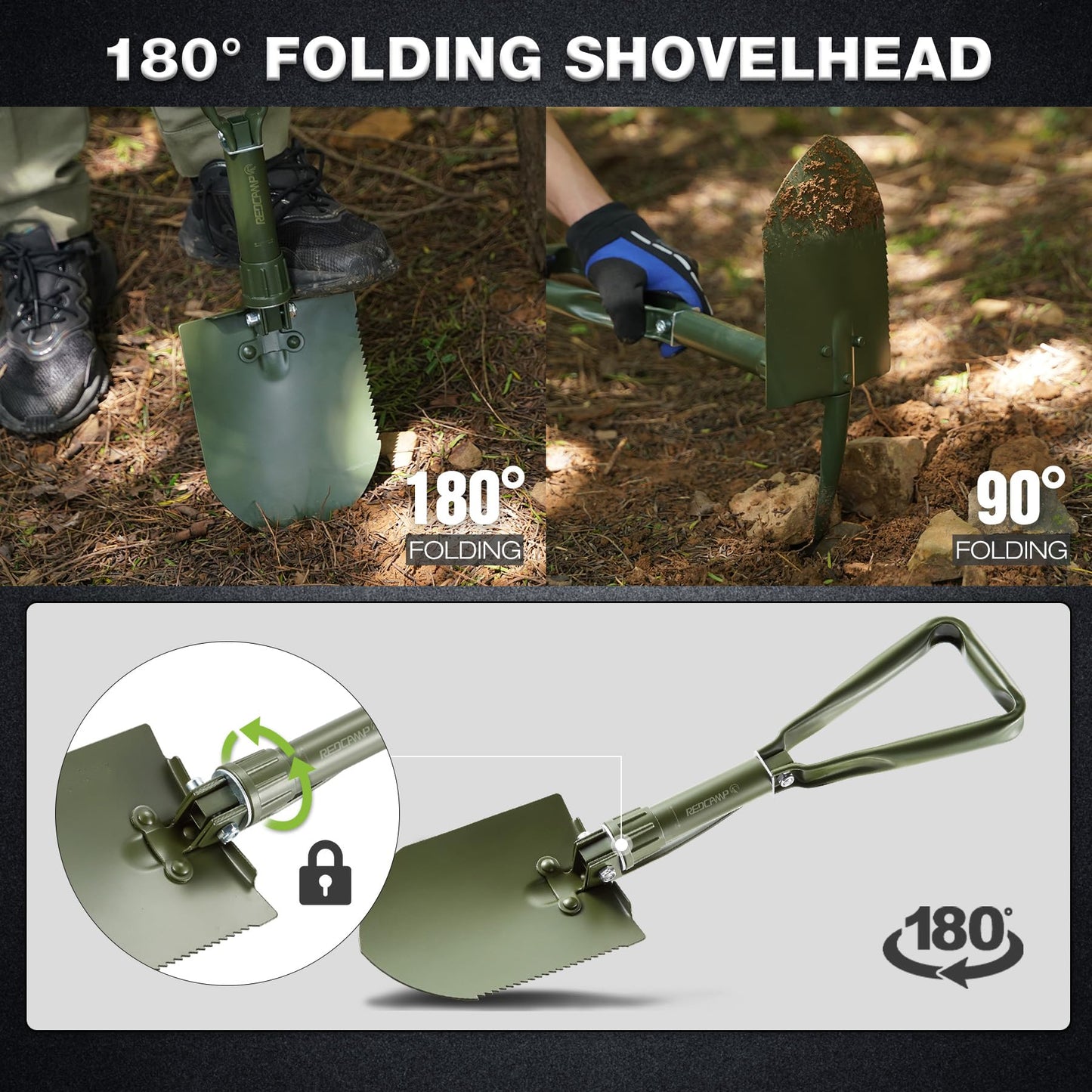 REDCAMP 23" Military Folding Camping Shovel w/Cover,Portable Shovel with High Manganese Steel