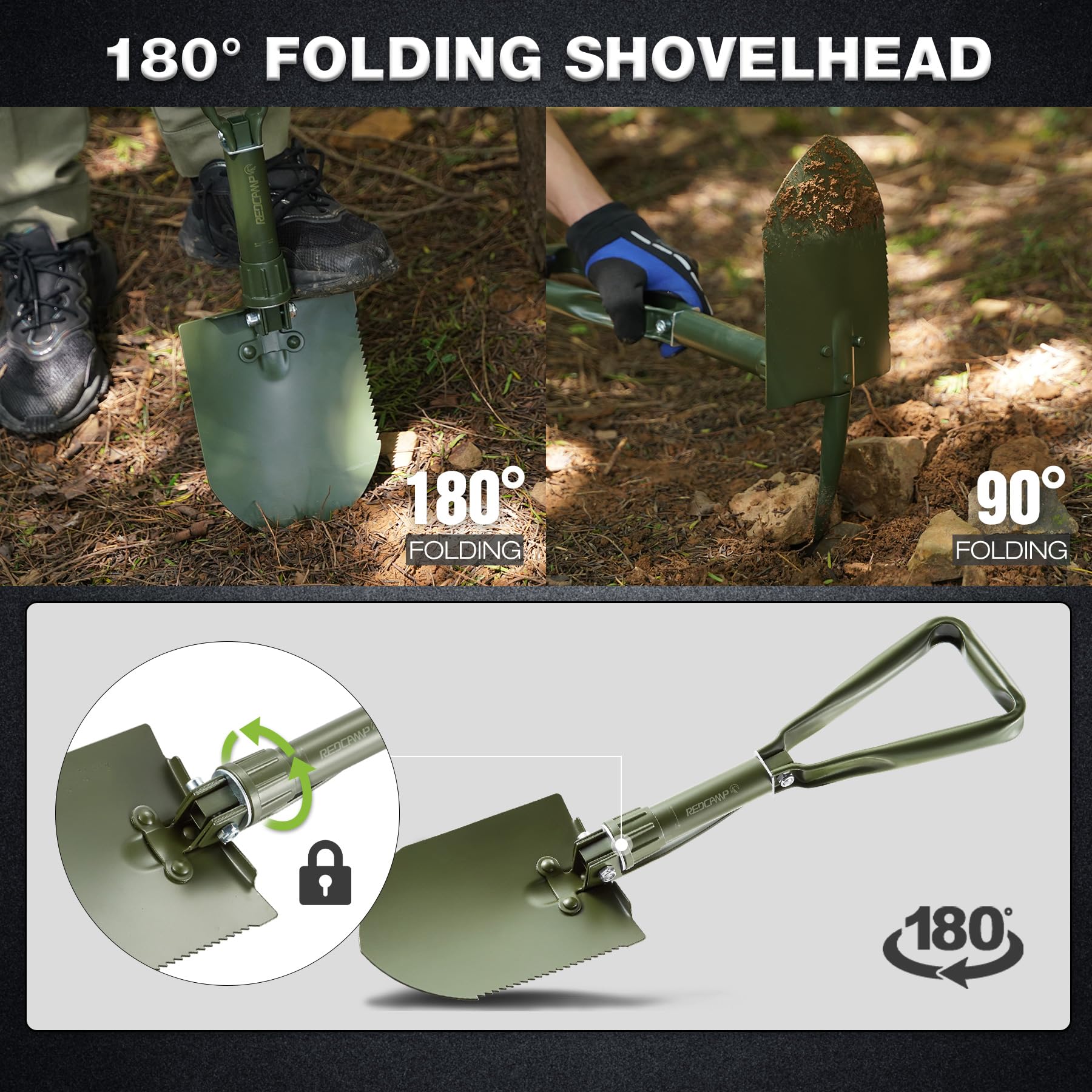 REDCAMP 23" Military Folding Camping Shovel w/Cover,Portable Shovel with High Manganese Steel