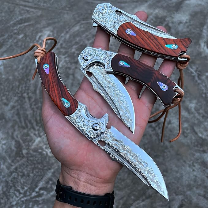 Handmade knife Japanese VG10 Damascus Steel Folding Knife,Rosewood Liner Lock Handle,EDC Pocket Knives for Men Outdoors Camping Fishing