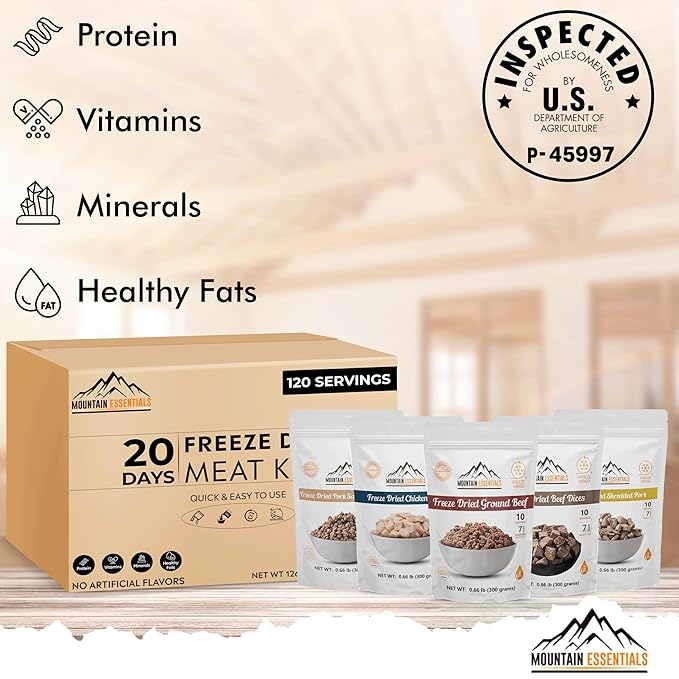 MOUNTAIN ESSENTIALS Freeze-Dried Meat Variety Kit ??3 Chicken Dices, 3 Beef Dices, 3 Ground Beef, 2 Shredded Pork & 1 Pork Sausage Crumble | 10 Servings per Pouch | Shelf-Stable Daily Meals, Camping & Emergency Food | Made in USA