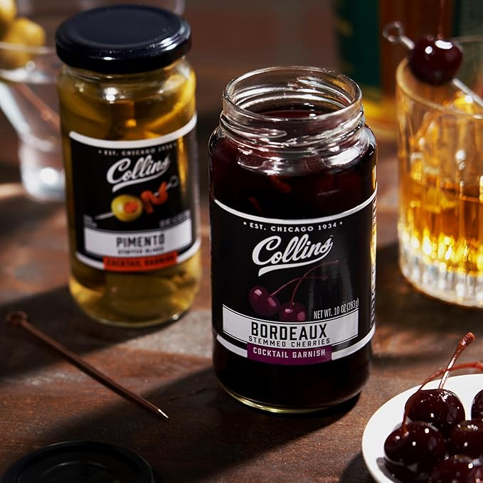 Collins Stemmed Black Cherries for Cocktails, Old Fashioned, Manhattan, and Whiskey Sour, Cocktail Cherry in Bordeaux Syrup, Garnish for Mocktails, Party Drinks, Baking, Desserts, 10 oz