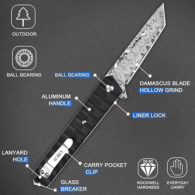 AUBEY Damascus Pocket Knife with Clip, Tanto Blade Damascus Steel Folding Knives for Men Tactical, Aluminum Handle with Glass Breaker for EDC Camping Gift