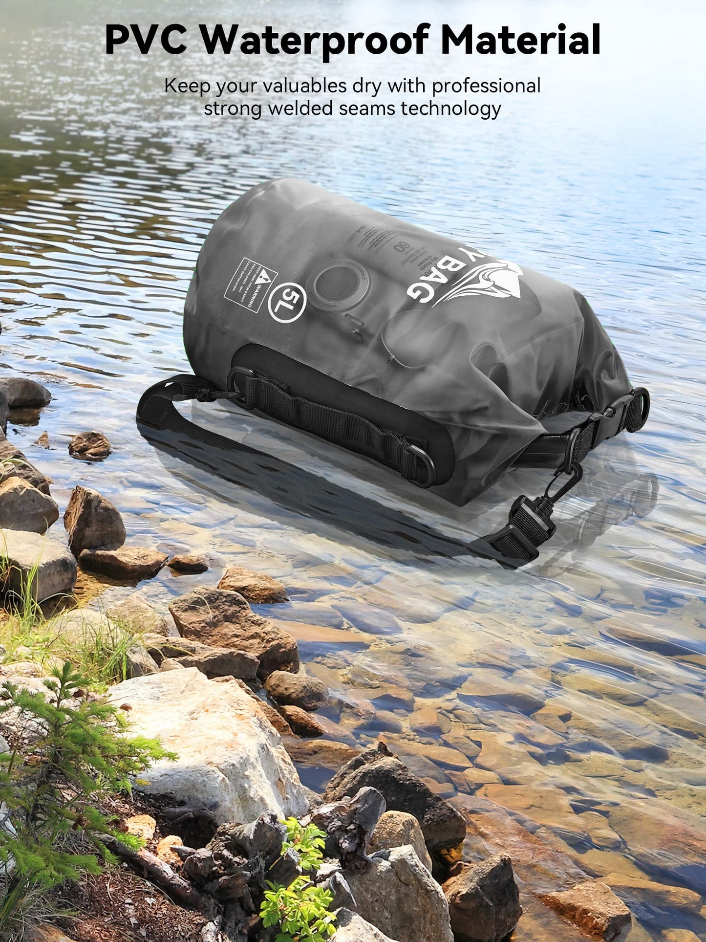 HEETA Dry Bag Waterproof Backpack with Phone Case (Transparent Black, 5L)
