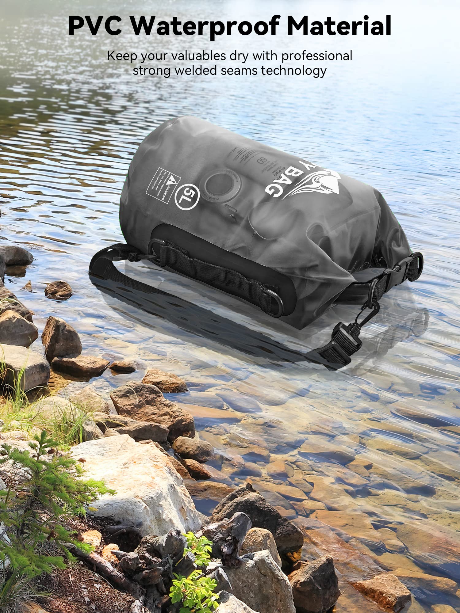 HEETA Dry Bag Waterproof Backpack with Phone Case (Transparent Black, 5L)