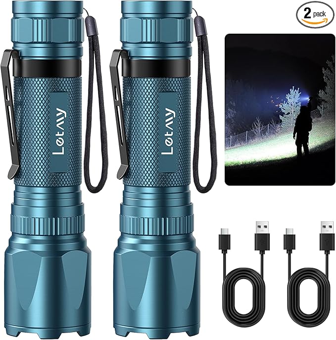 LETMY Rechargeable Flashlights High Lumens, 2 Pack 2000 Lumens Bright LED Tactical Flashlight, 3 Modes Samll Powerful Flash Lights with Clip, Waterproof Flashlights for Home Emergency Camping (Blue)