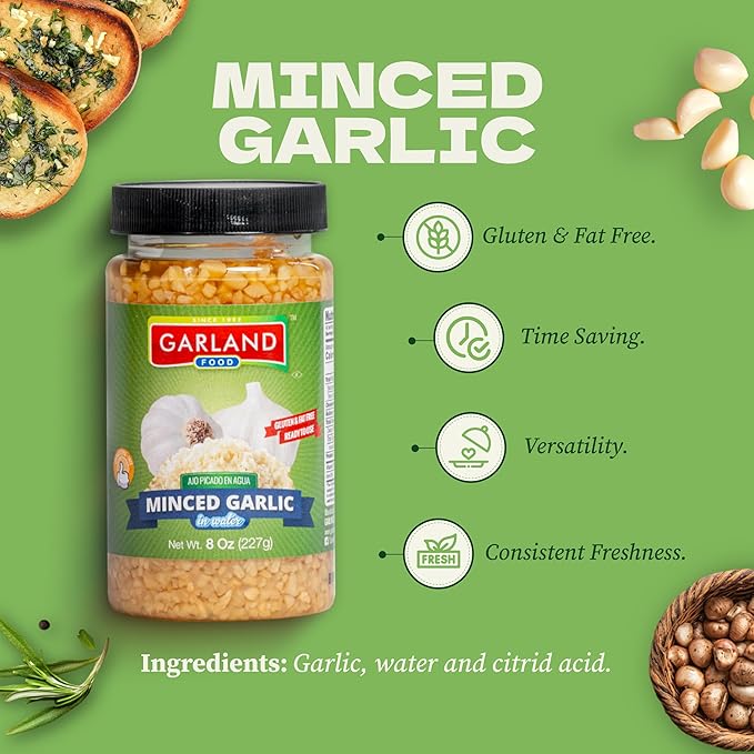 Garland Food Minced Garlic in Water 8 oz ??Made in the USA - Minced Garlic in Jar for Fresh Flavor, Time-Saving Prep, and Versatile Uses in Every Dish