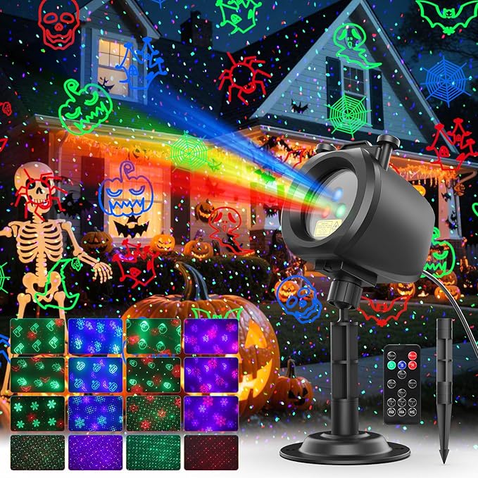 Halloween Christmas Laser Lights Projector Outdoor with 4 Dynamic Slides, 2-in-1 Moving RGB Firefly Laser Lights with Remote,Timer, Landscape Holiday Porjector for Window Wall Xmas Decor