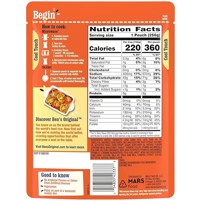 BEN'S ORIGINAL Ready Rice Butter and Garlic Flavored Rice, Easy Dinner Side, 8.8 oz Pouch (Pack of 12)