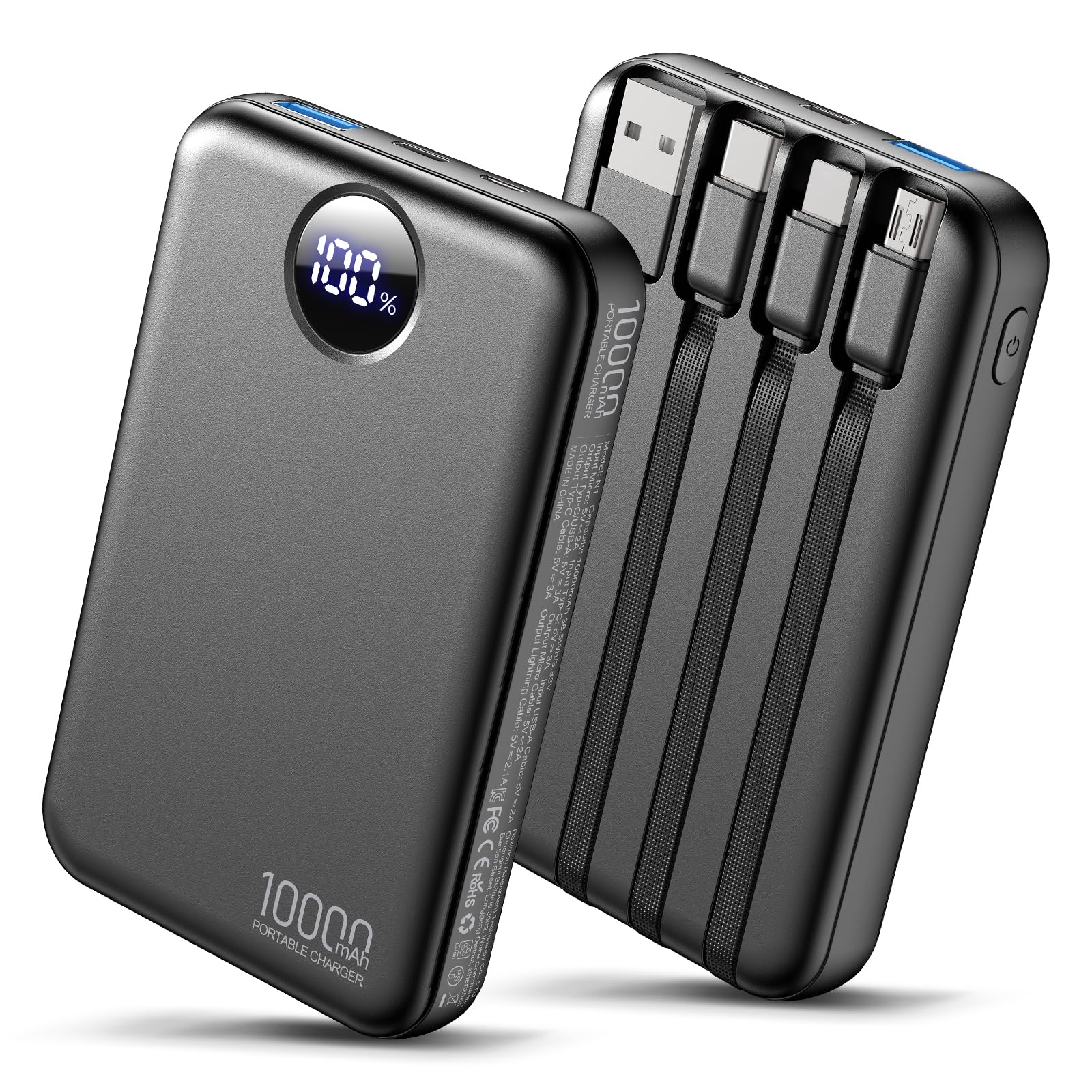 Zmmyuluo Portable Charger 10000mAh with 4 Built-in Cables 40% Smaller