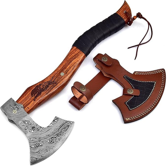 Dessi Damascus Steel Blade Axe Hatchet Tomahawk Hunting Knife Camping Outdoor. SM48